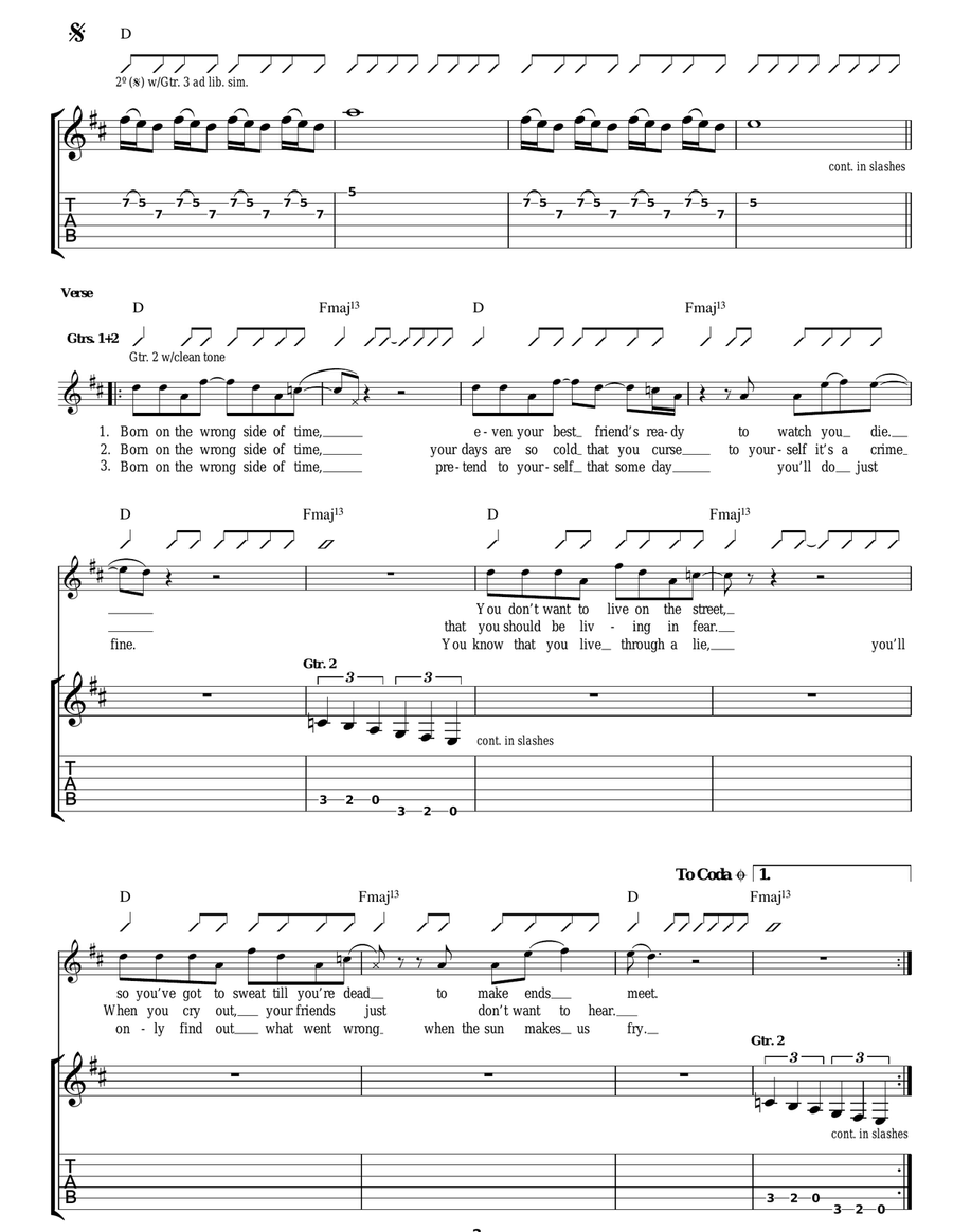 Born On The Wrong Side Of Time Guitar Tablature scores gallery preview page 2