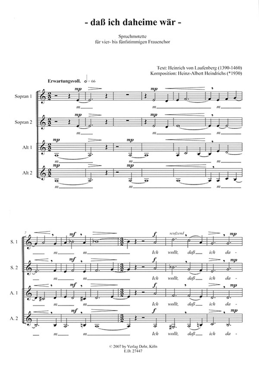 - daß ich daheime wär - (2007) -Spruchmotette für vier- bis fünfstimmigen Frauenchor nach Heinrich von Laufenberg (1390-1460)- Women's Choir scores gallery preview page 2