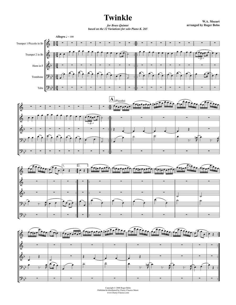 Twelve Twinkle Variations for Brass Quintet Brass Quintet scores gallery preview page 2