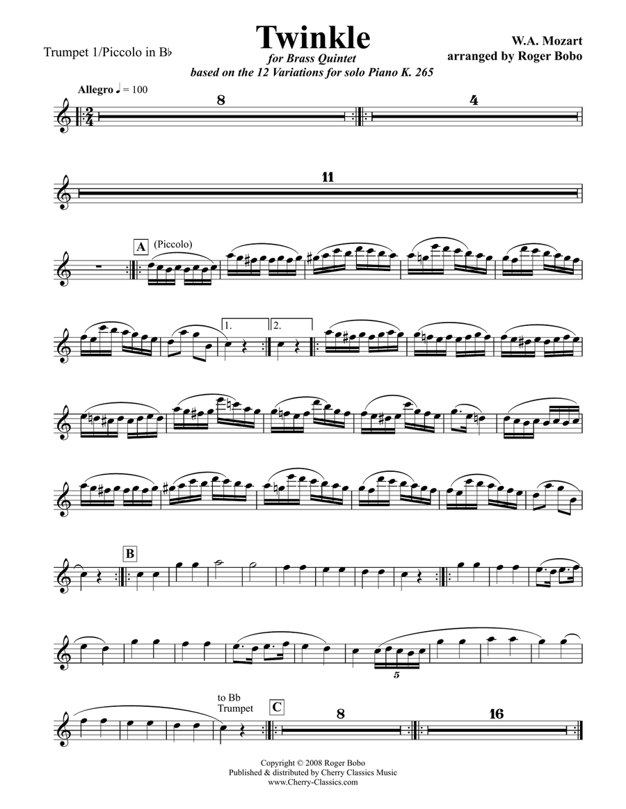 Twelve Twinkle Variations for Brass Quintet Brass Quintet scores gallery preview page 5