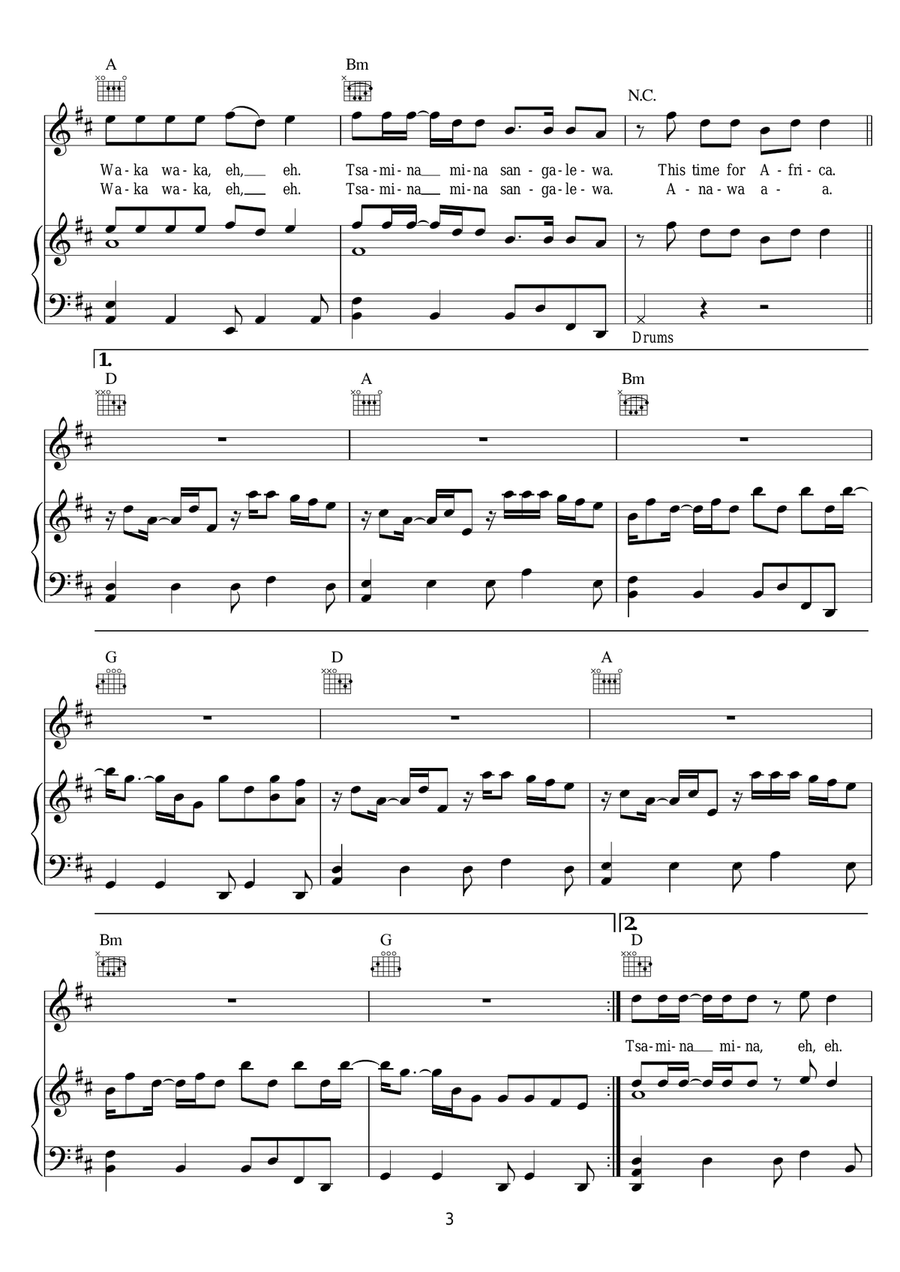 Waka Waka (This Time For Africa) (featuring Freshlyground) Piano, Vocal, Guitar scores gallery preview page 3