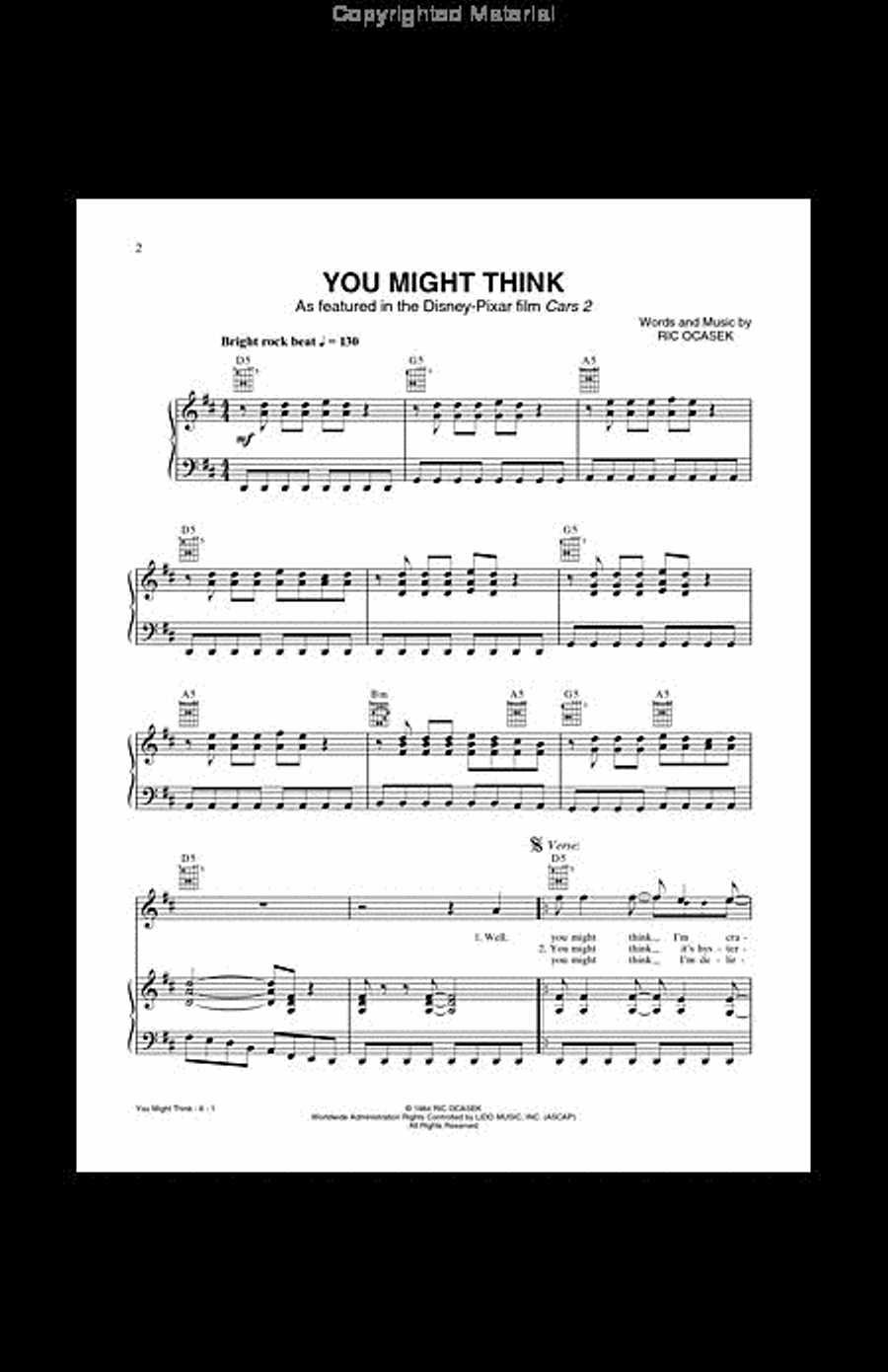 You Might Think (from Cars 2) Piano, Vocal, Guitar scores gallery preview page 2