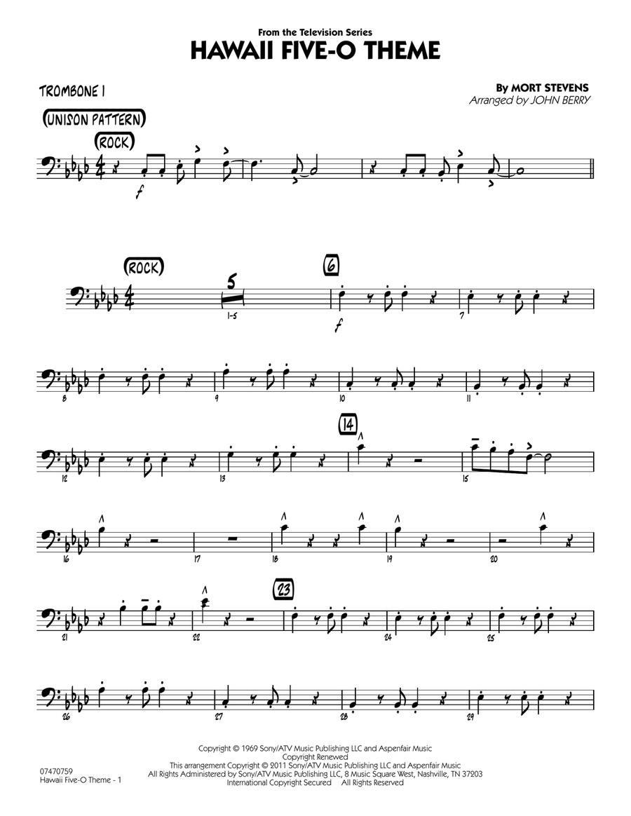 Hawaii Five-O Theme - Trombone 1 Jazz Ensemble scores gallery preview page 1