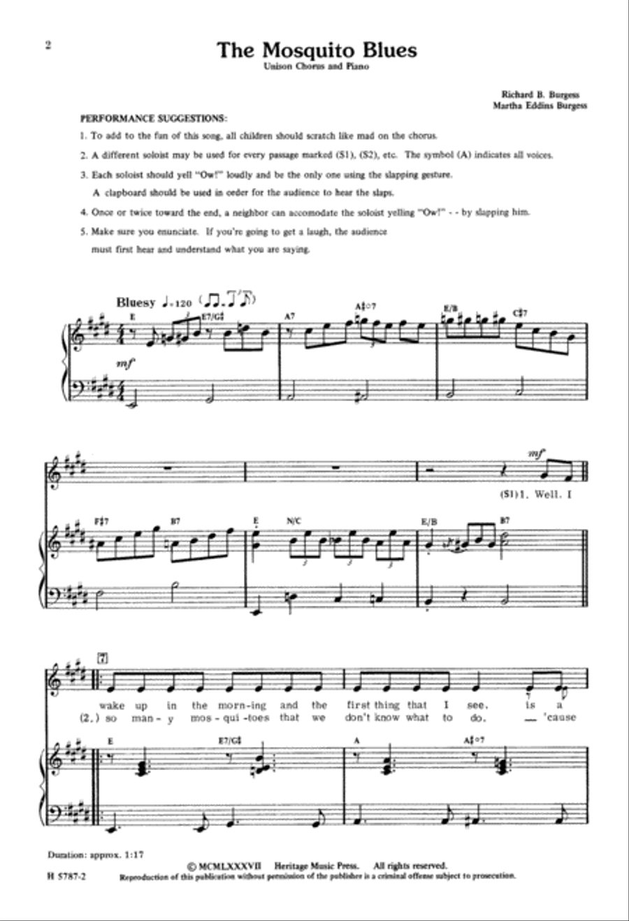 The Mosquito Blues (Digital Download) Unison Choir scores gallery preview page 2