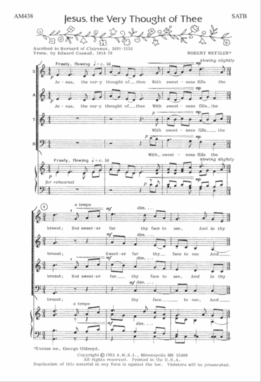 Jesus, the Very Thought of Thee (Digital Download) 4-Part scores gallery preview page 1