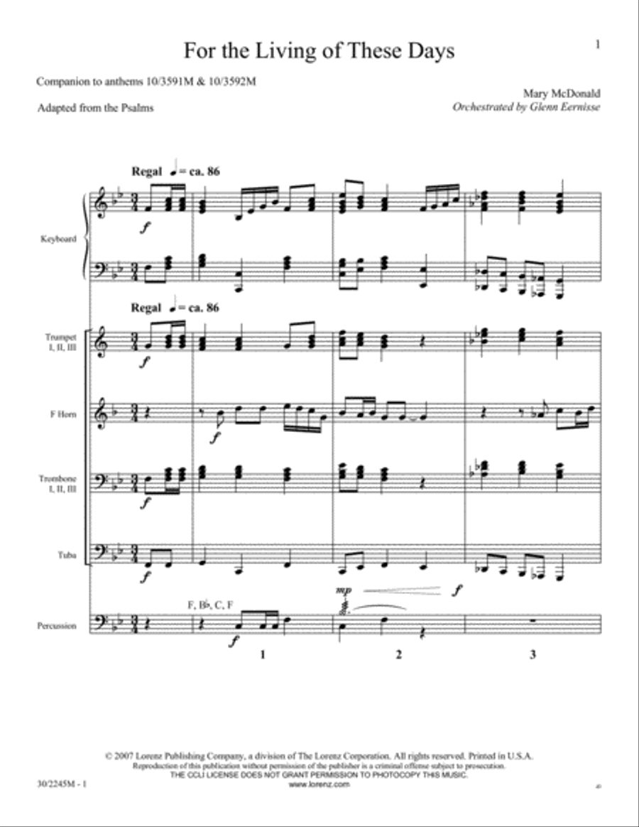 For the Living of These Days - Brass and Percussion Score/Parts Horn scores gallery preview page 1