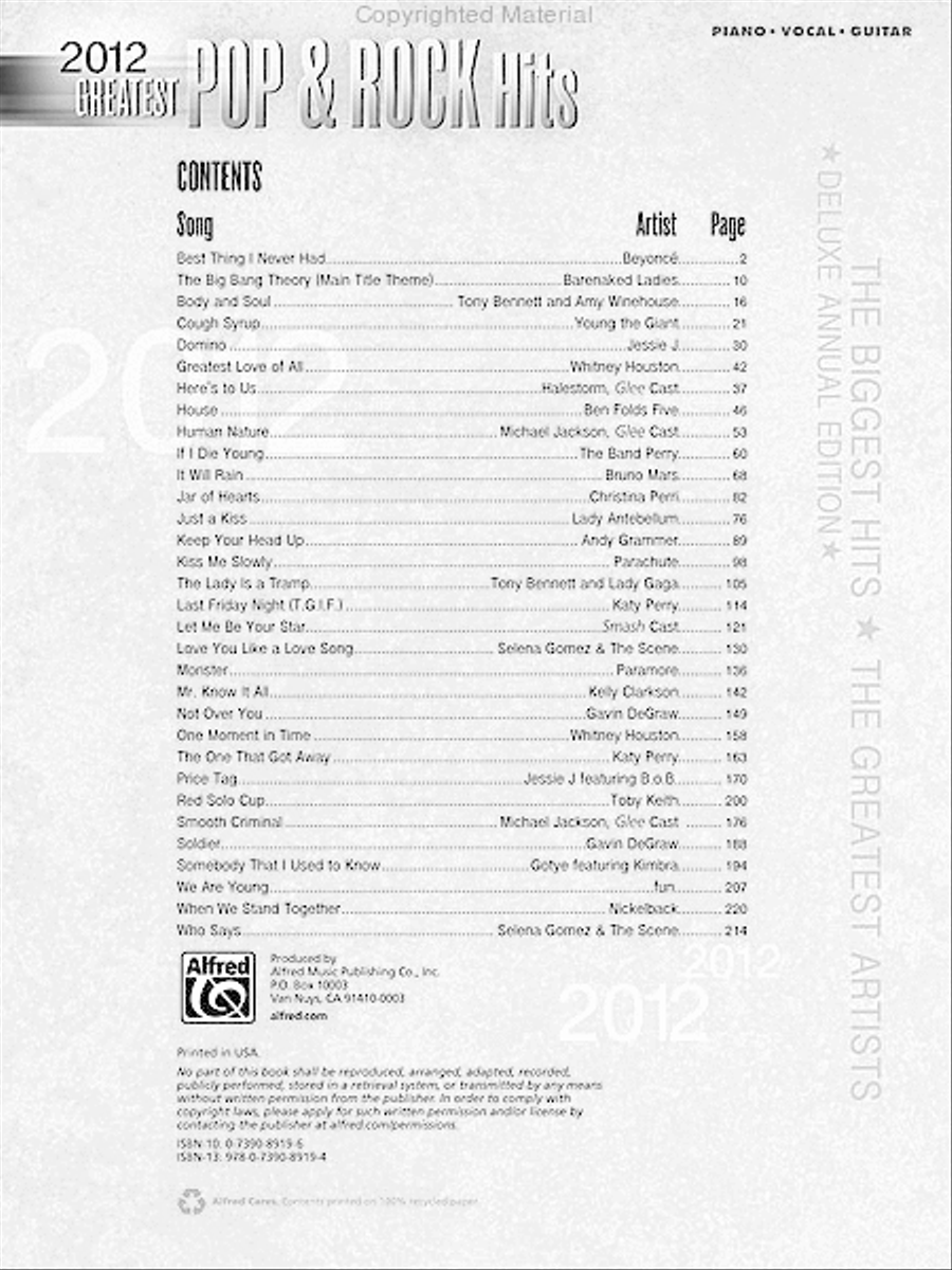 2012 Greatest Pop & Rock Hits(pvg)# Piano, Vocal, Guitar scores gallery preview page 2