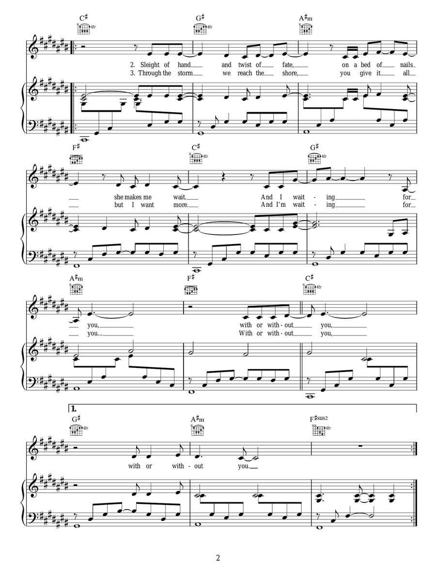 With Or Without You With Or Without You Piano, Vocal, Guitar scores gallery preview page 2