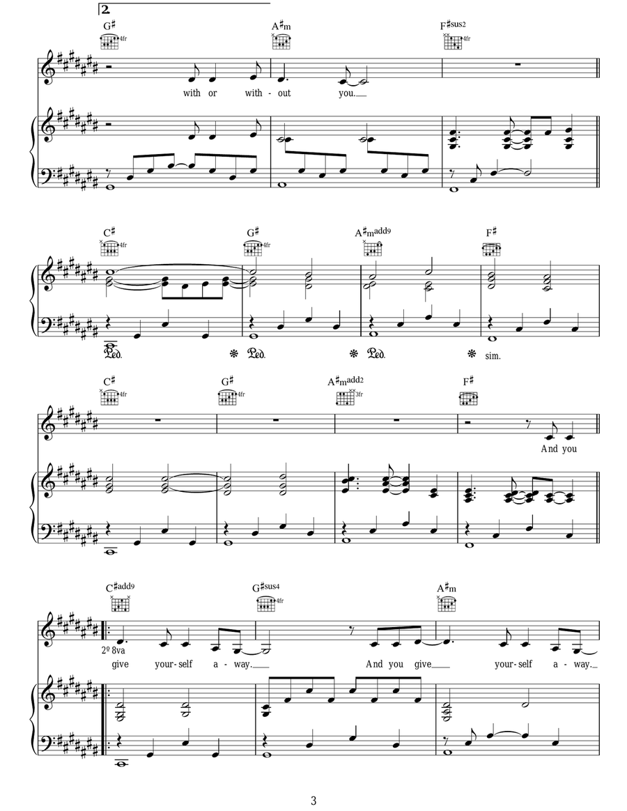 With Or Without You With Or Without You Piano, Vocal, Guitar scores gallery preview page 3