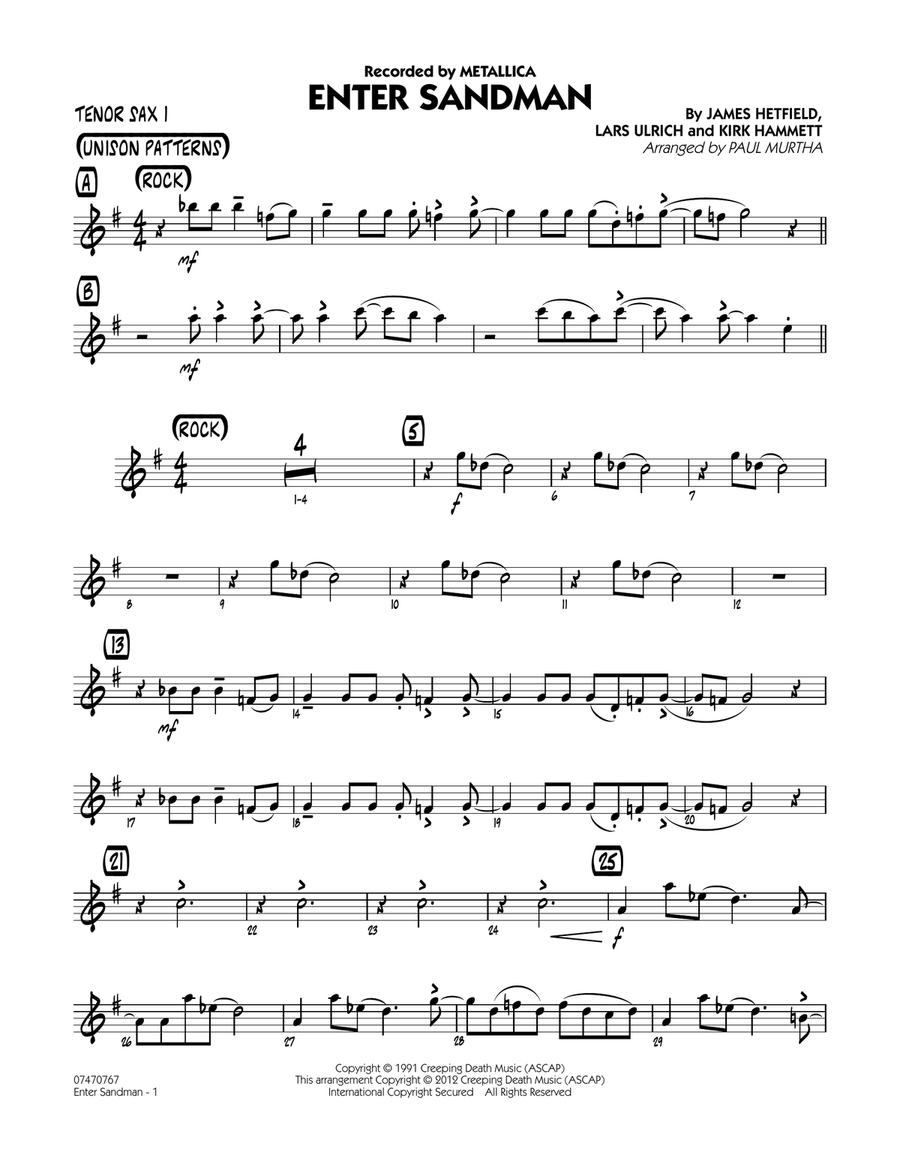 Enter Sandman - Tenor Sax 1 Jazz Ensemble scores gallery preview page 1