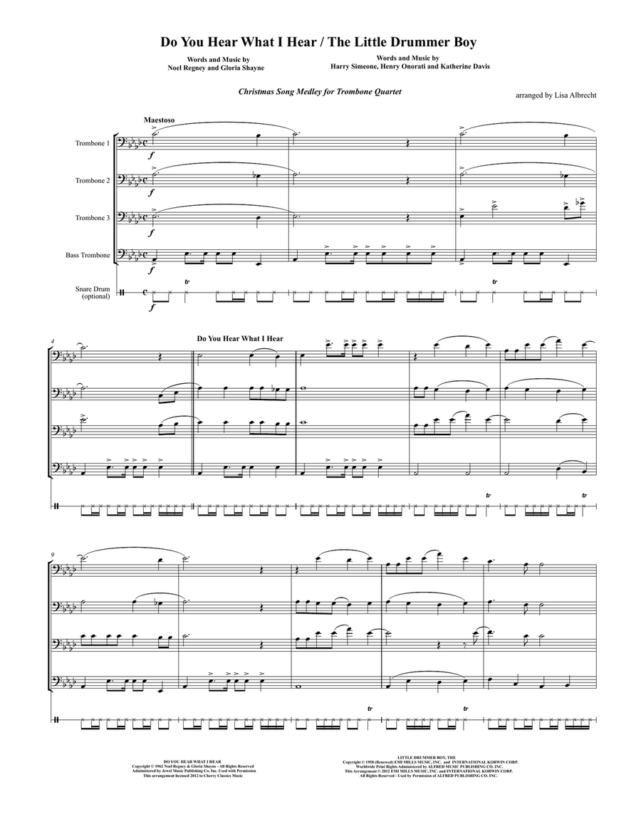 Do You Hear What I Hear/Little Drummer Boy for 4 Trombones w opt. Drums Trombone Quartet scores gallery preview page 2