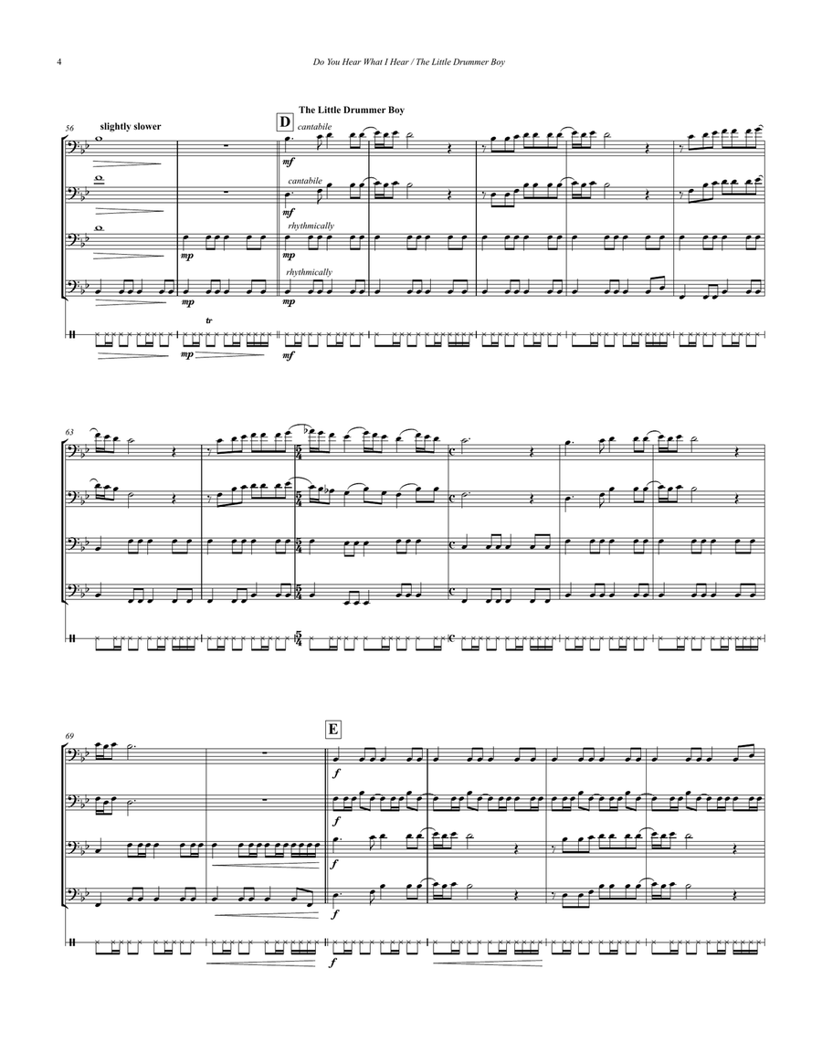 Do You Hear What I Hear/Little Drummer Boy for 4 Trombones w opt. Drums Trombone Quartet scores gallery preview page 3