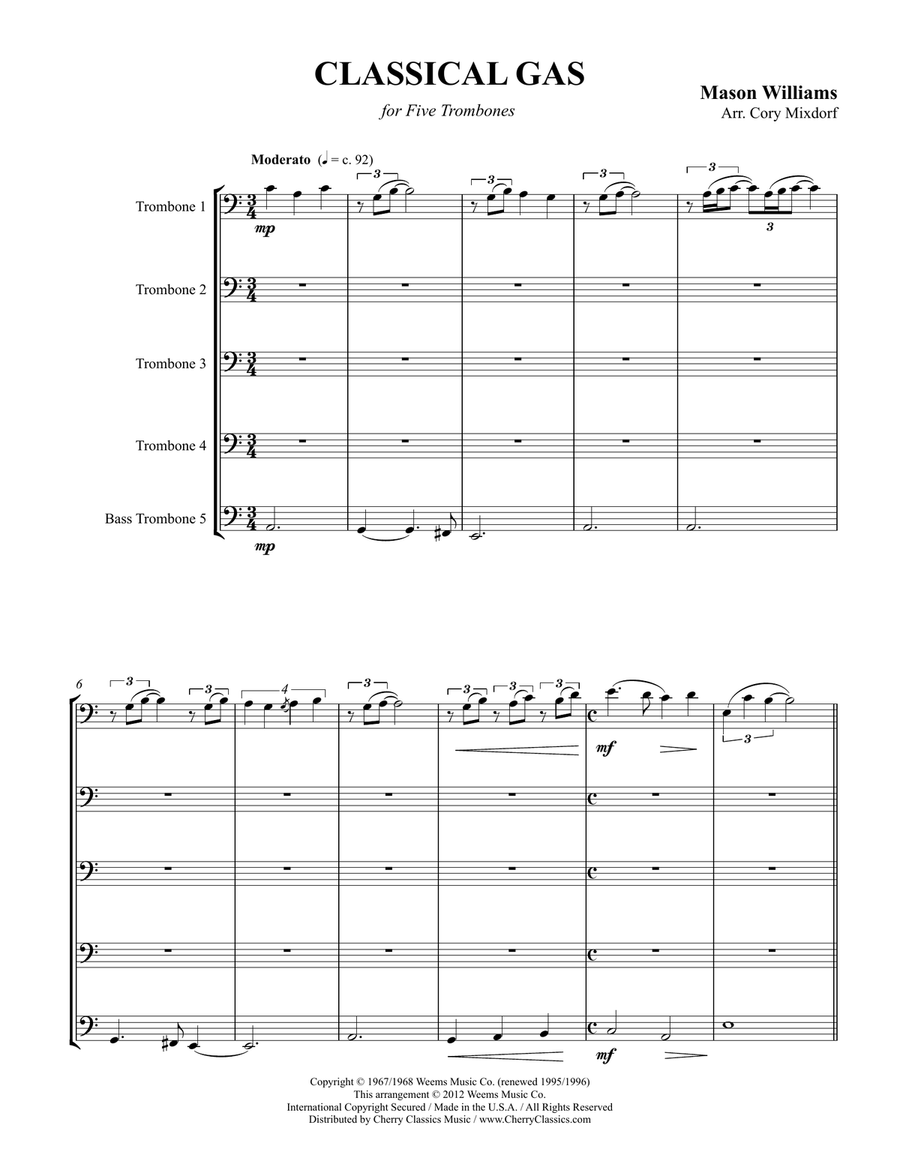 Classical Gas for Trombone Quintet Trombone scores gallery preview page 2