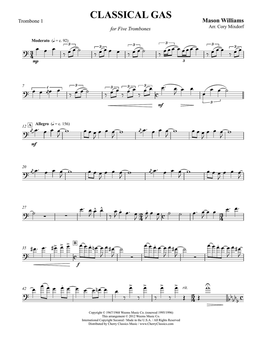 Classical Gas for Trombone Quintet Trombone scores gallery preview page 5