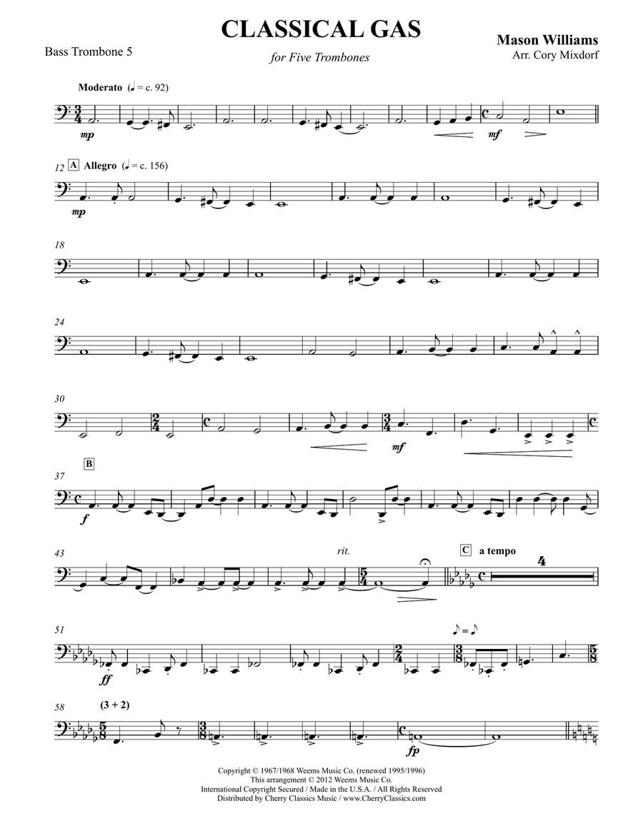 Classical Gas for Trombone Quintet Trombone scores gallery preview page 7
