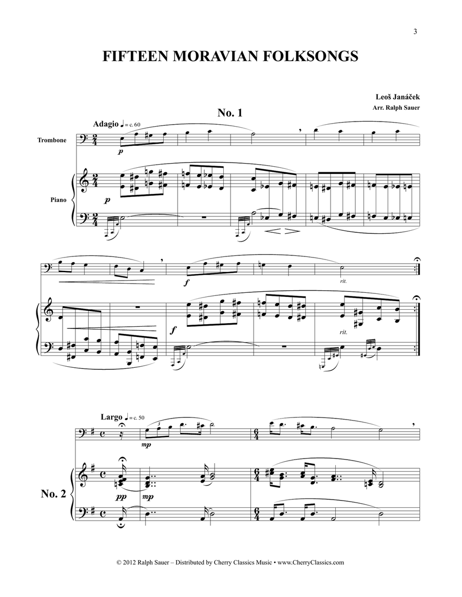 Fifteen Moravian Folk Songs for Trombone and Piano Piano Accompaniment scores gallery preview page 3