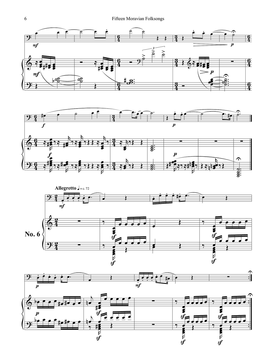 Fifteen Moravian Folk Songs for Trombone and Piano Piano Accompaniment scores gallery preview page 6