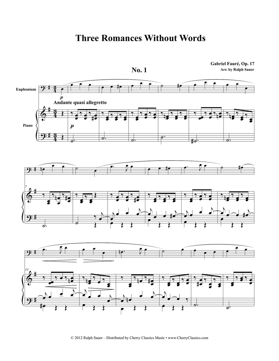 Three Romances Without Words Opus 17 for Euphonium and Piano Euphonium scores gallery preview page 4