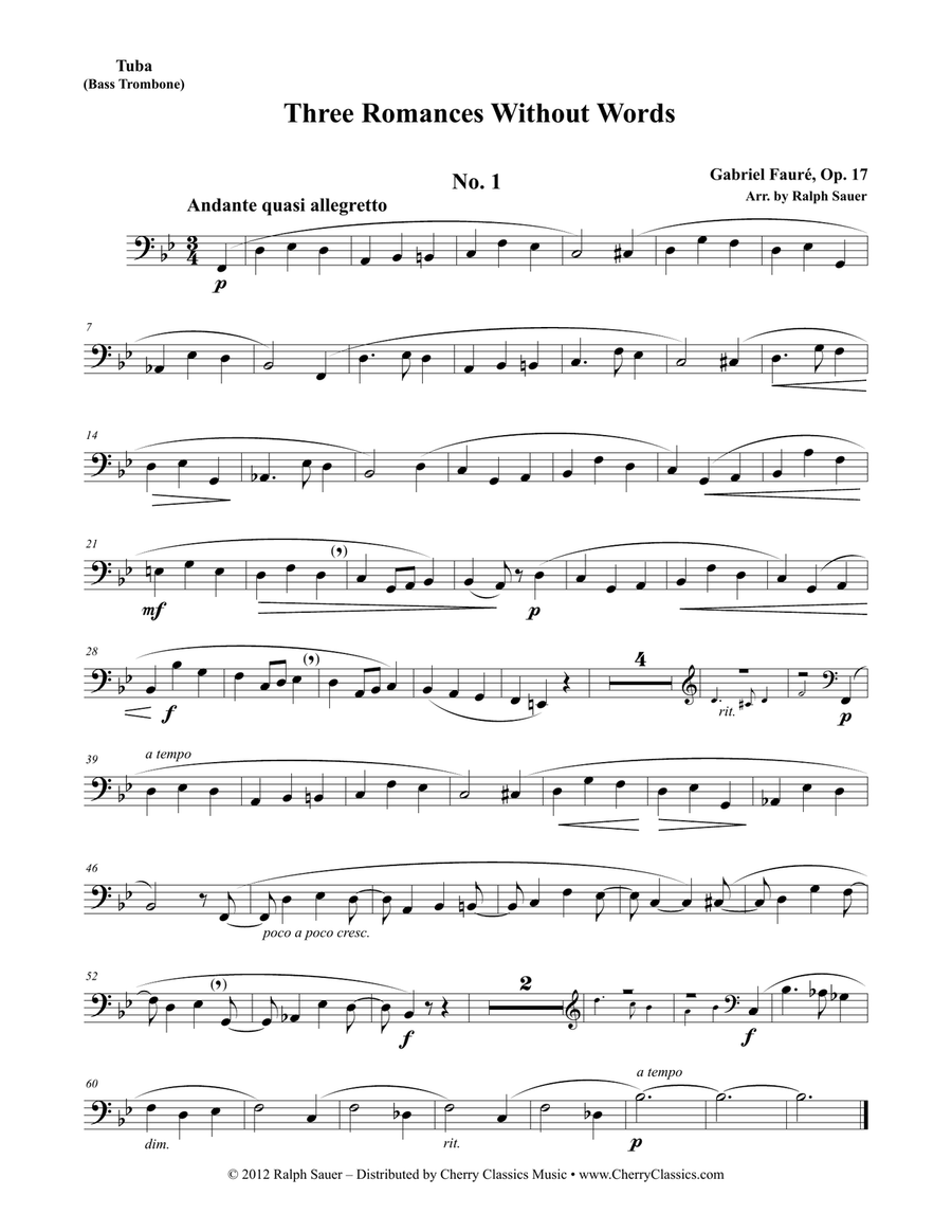 Three Romances Without Words Opus 17 for Tuba or Bass Trombone & Piano Trombone scores gallery preview page 2