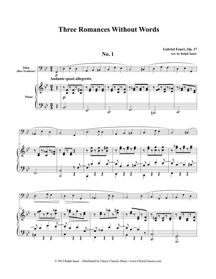 Three Romances Without Words Opus 17 for Tuba or Bass Trombone & Piano Trombone scores gallery preview page 4