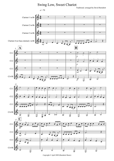 Swing Low, Sweet Chariot for Clarinet Quartet