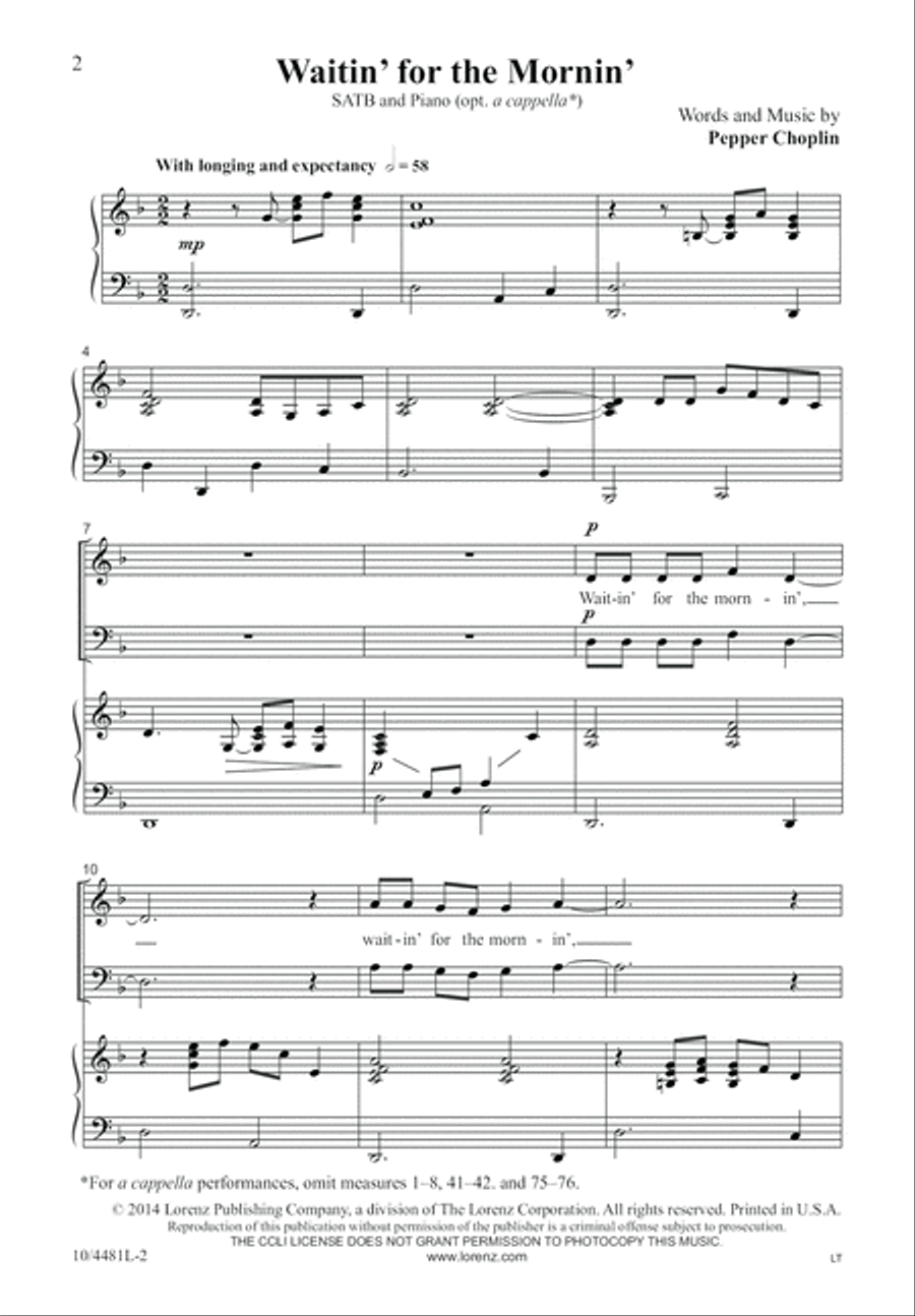 Waitin’ for the Mornin’ Waitin’ for the Mornin’ 4-Part scores gallery preview page 3