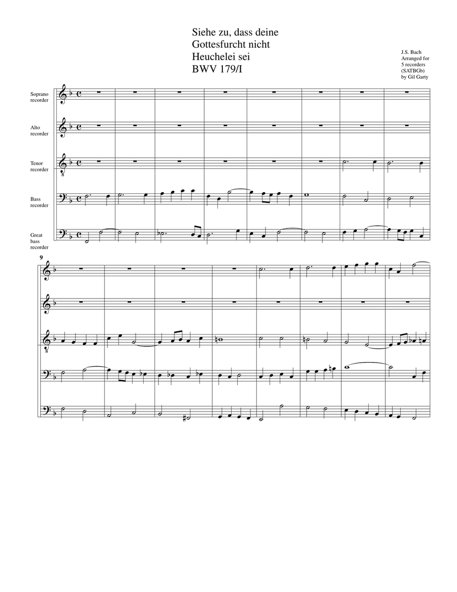 Coro: Siehe zu, dass deine Gottesfurcht nicht Heuchelei sei from Cantata BWV 179 (arrangement for 5 Soprano Recorder scores gallery preview page 2