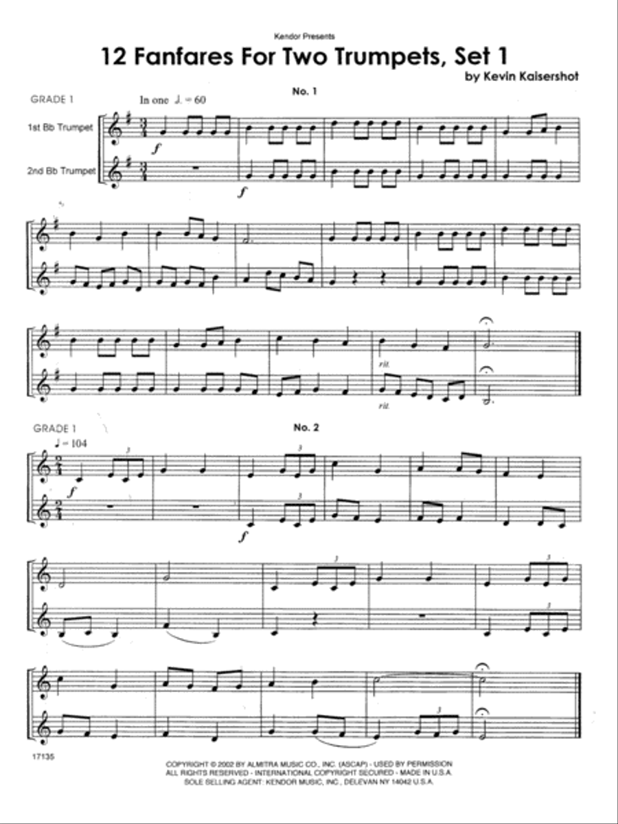 12 Fanfares For Two Trumpets, Set 1 by Kevin Kaisershot Trumpet - Digital Sheet Music
