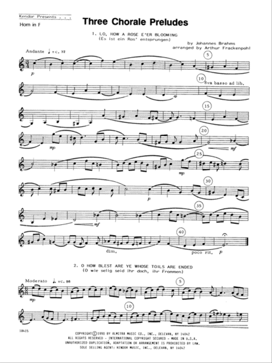 Three Chorale Preludes - Horn in F Horn Solo scores gallery preview page 1