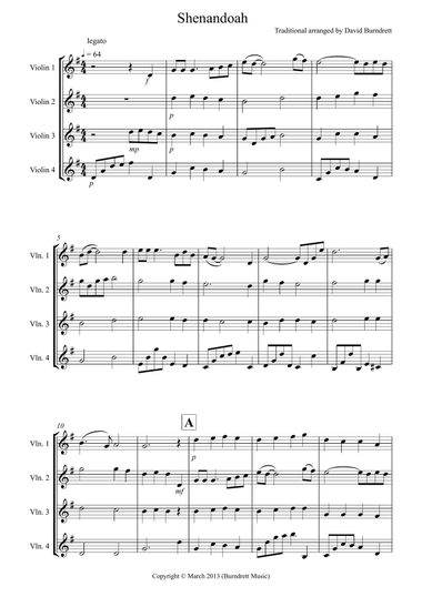 Shenandoah for Violin Quartet