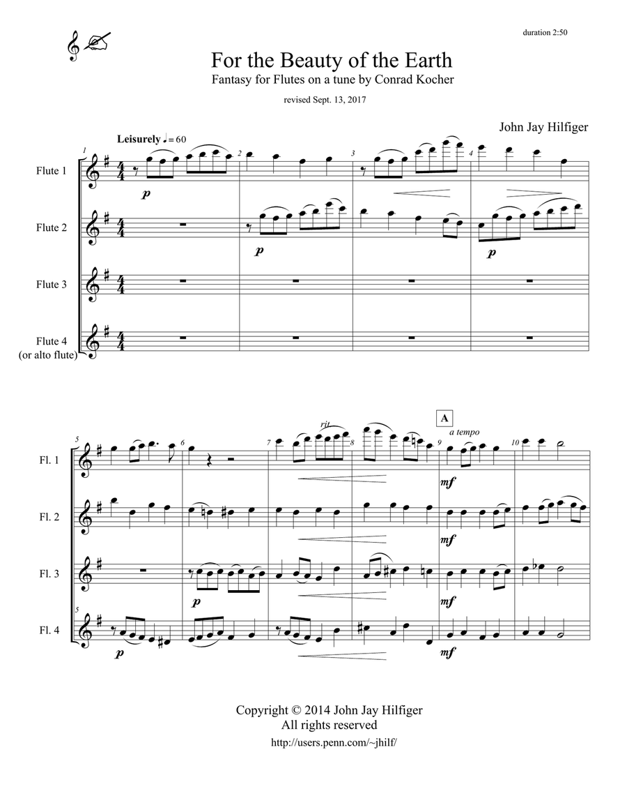 For the Beauty of the Earth: Fantasy for Flutes on a tune by Conrad Kocher Woodwind Ensemble scores gallery preview page 3