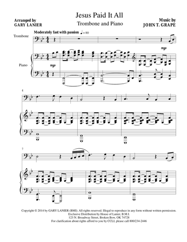 JESUS PAID IT ALL (Trombone and Piano with Trb Part)