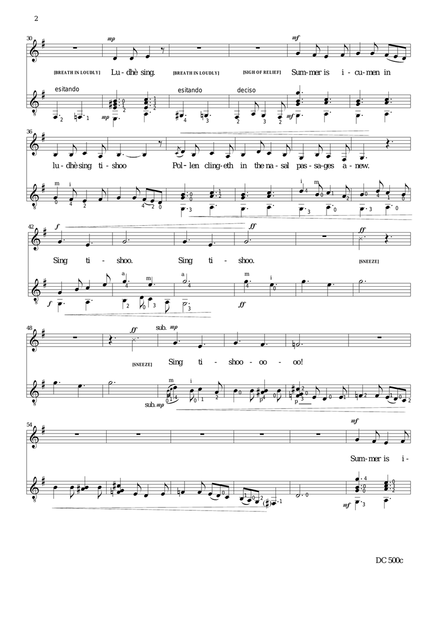 Summer is icumen in Lhude sing tishu (Loud sing tishoo - hayfever song) for alto and guitar Vocal Duet scores gallery preview page 2