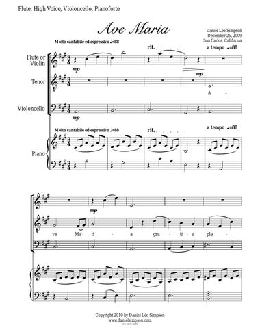 Ave Maria for Flute (or Violin), High Voice, Cello & Piano