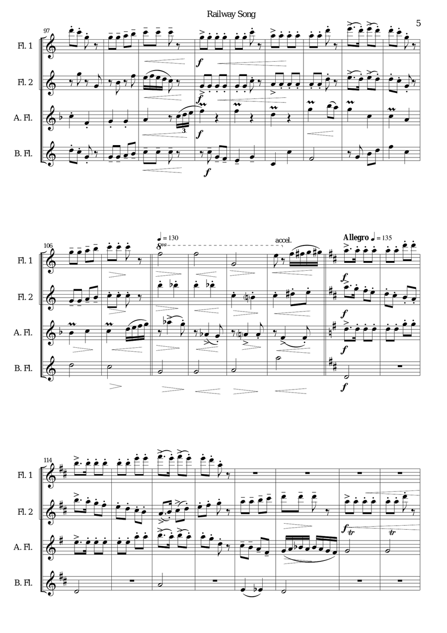 Railway Song (Auf de schwäb'sche Eisebahne) for 2 flutes, alto flute, bass flute Flute Duet scores gallery preview page 5