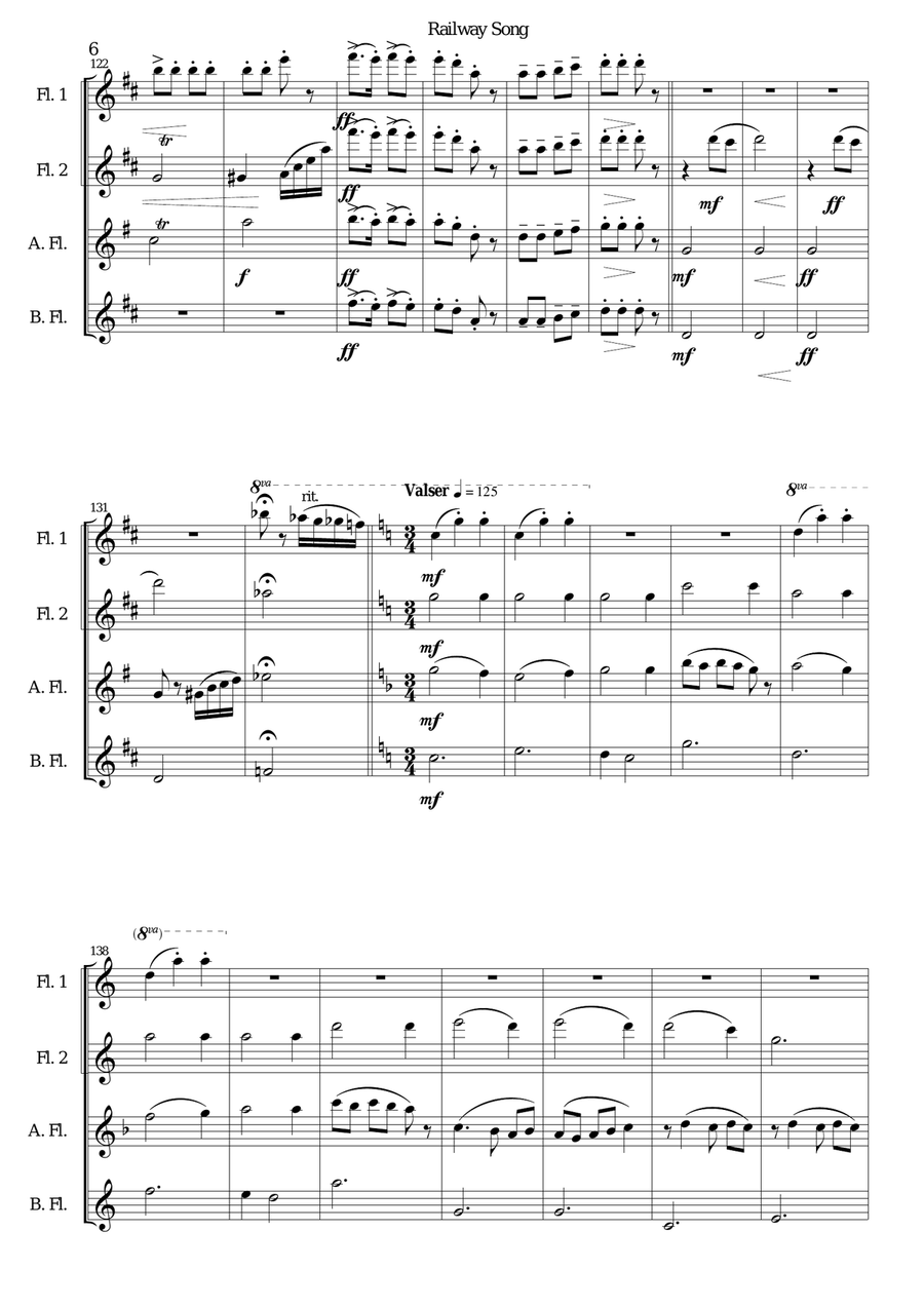 Railway Song (Auf de schwäb'sche Eisebahne) for 2 flutes, alto flute, bass flute Flute Duet scores gallery preview page 6