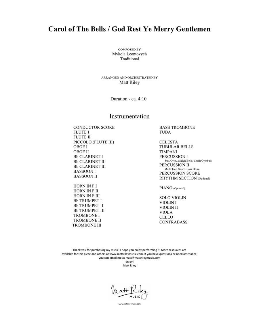 Carol of the Bells / God Rest Ye Merry Gentlemen - Violin and Orchestra (Full Score and Parts) Full Orchestra scores gallery preview page 2