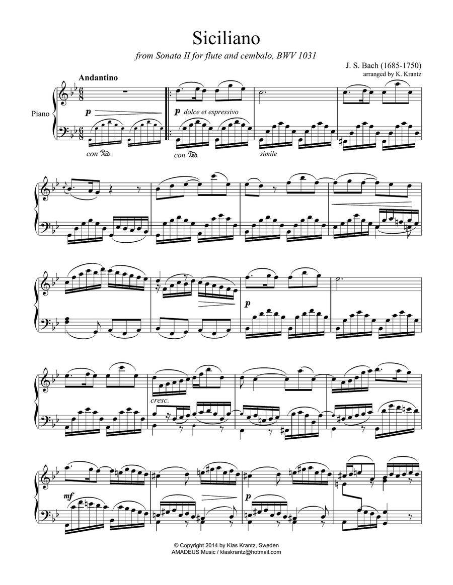 Siciliano BWV 1031 for piano solo Siciliano BWV 1031 for piano solo Easy Piano scores gallery preview page 2