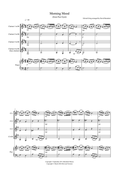 Morning Mood (from Peer Gynt) for Clarinet Quartet