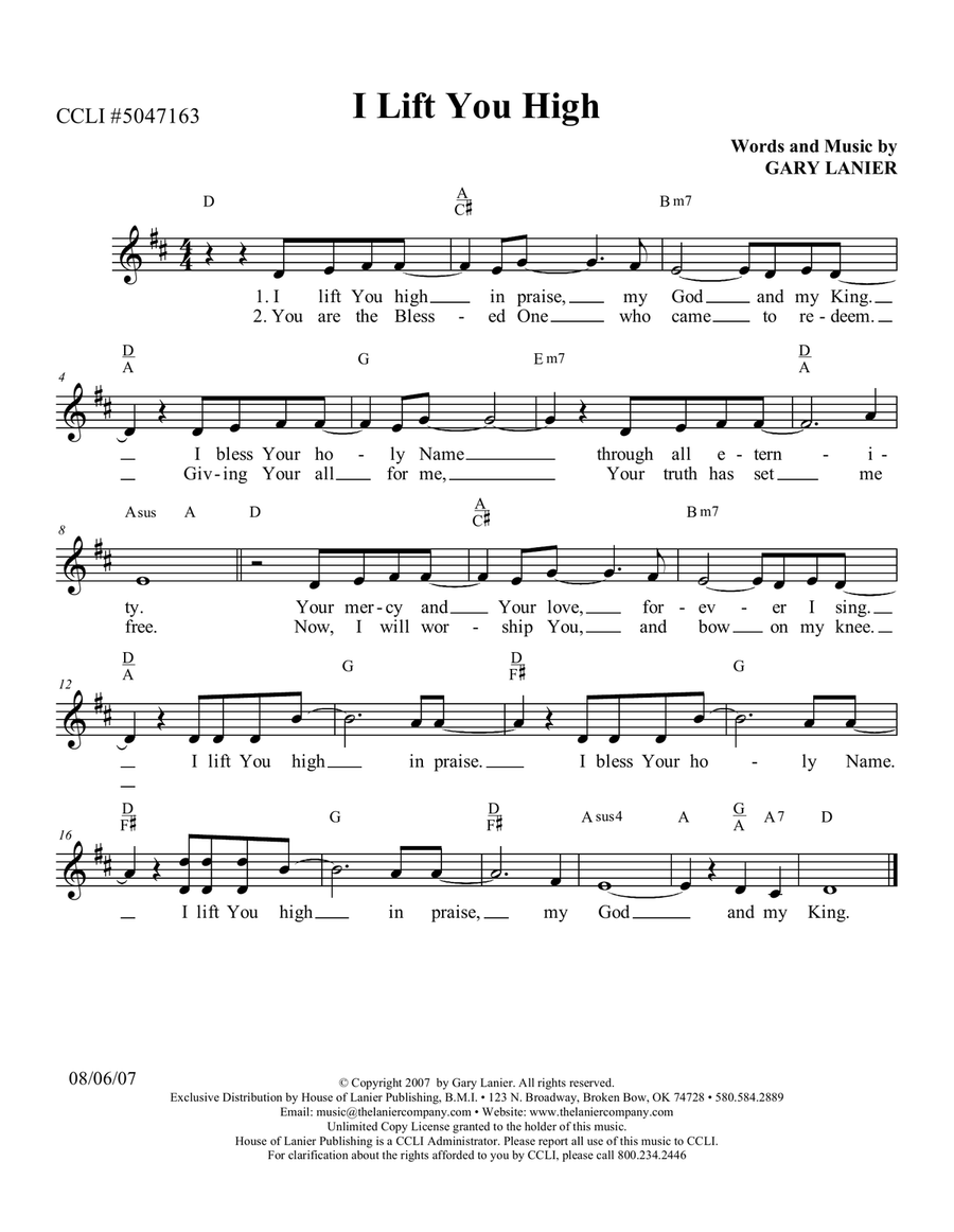 I LIFT YOU HIGH, Lead Sheet (Includes Melody, Lyrics & Chords) Piano scores gallery preview page 1