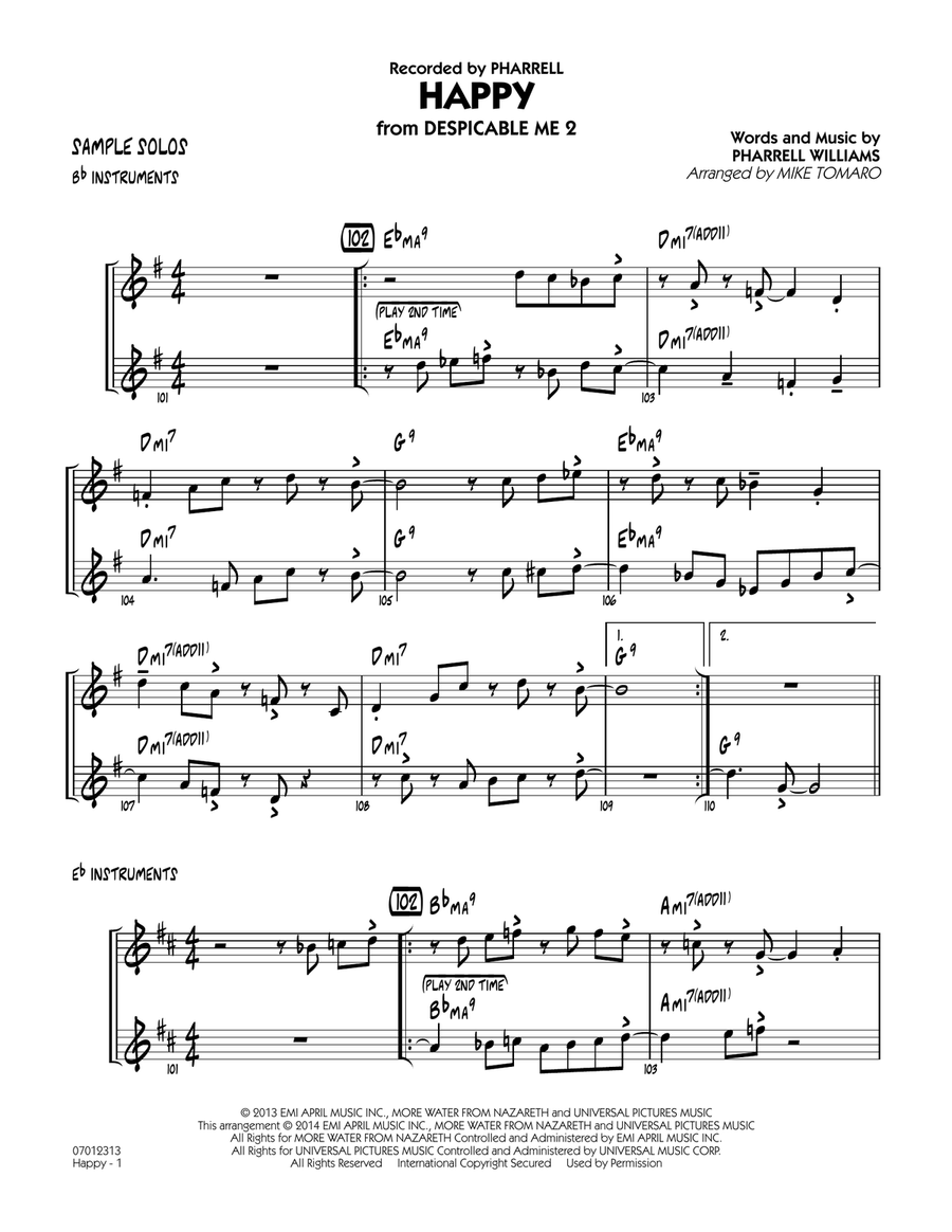 Happy (from Despicable Me 2) - Sample Solos Jazz Ensemble scores gallery preview page 1