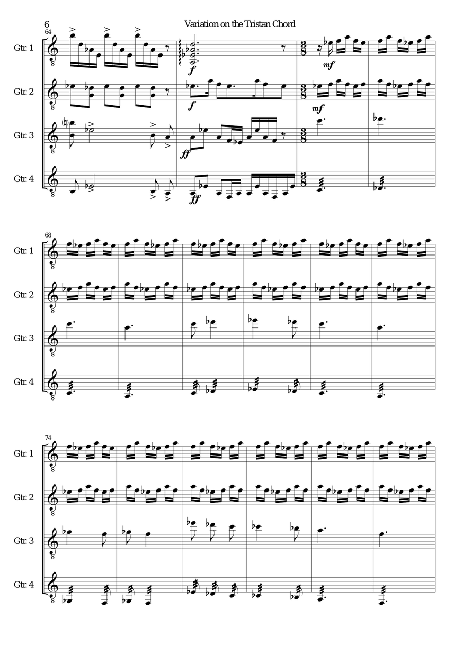 Variation on the Tristan Chord for guitar quartet Small Ensemble scores gallery preview page 6