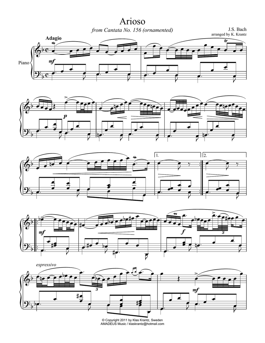 Arioso (Largo) from Cantata 156 for easy piano solo, ornamented (F Major) Easy Piano scores gallery preview page 2
