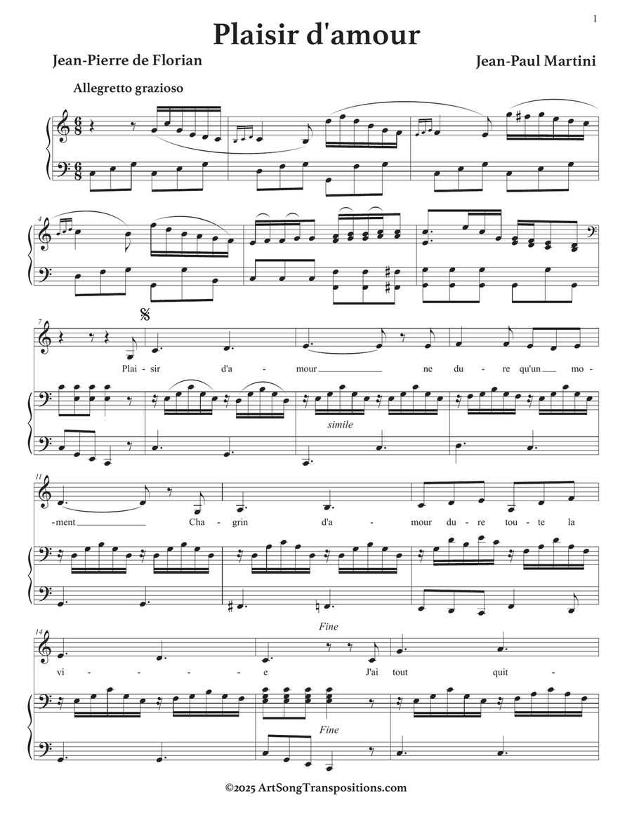 MARTINI: Plaisir d'amour (transposed to C major) Piano, Vocal scores gallery preview page 2
