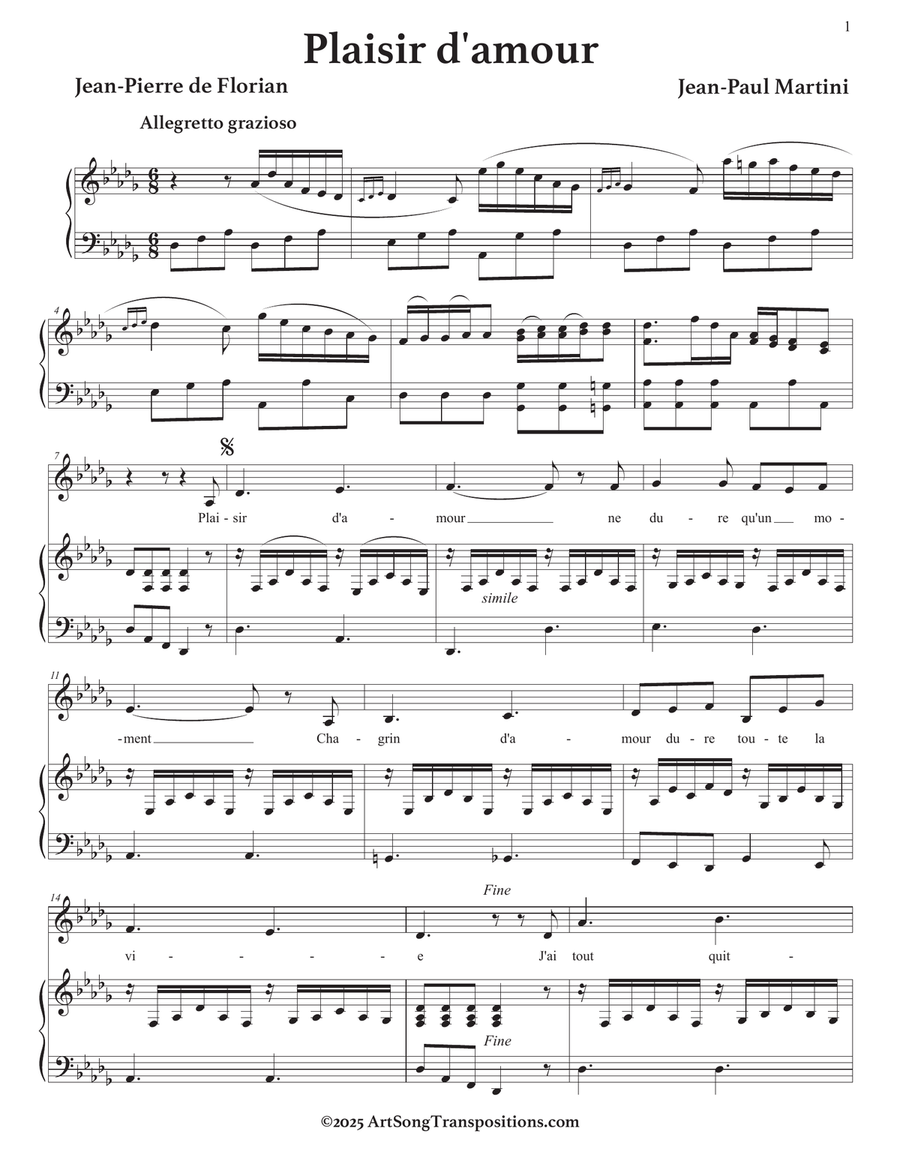 MARTINI: Plaisir d'amour (transposed to D-flat major) Piano, Vocal scores gallery preview page 2
