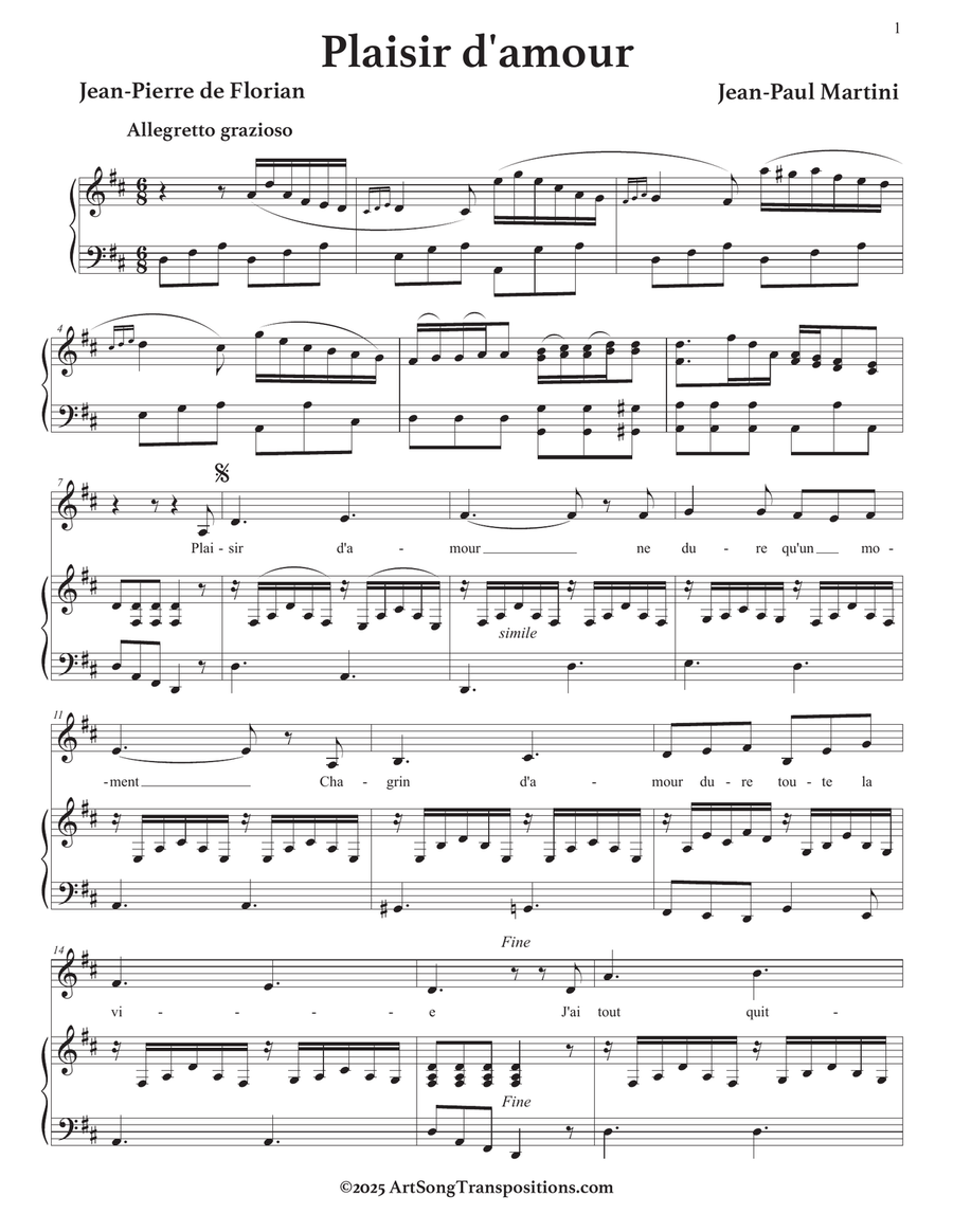 MARTINI: Plaisir d'amour (transposed to D major) Piano, Vocal scores gallery preview page 2