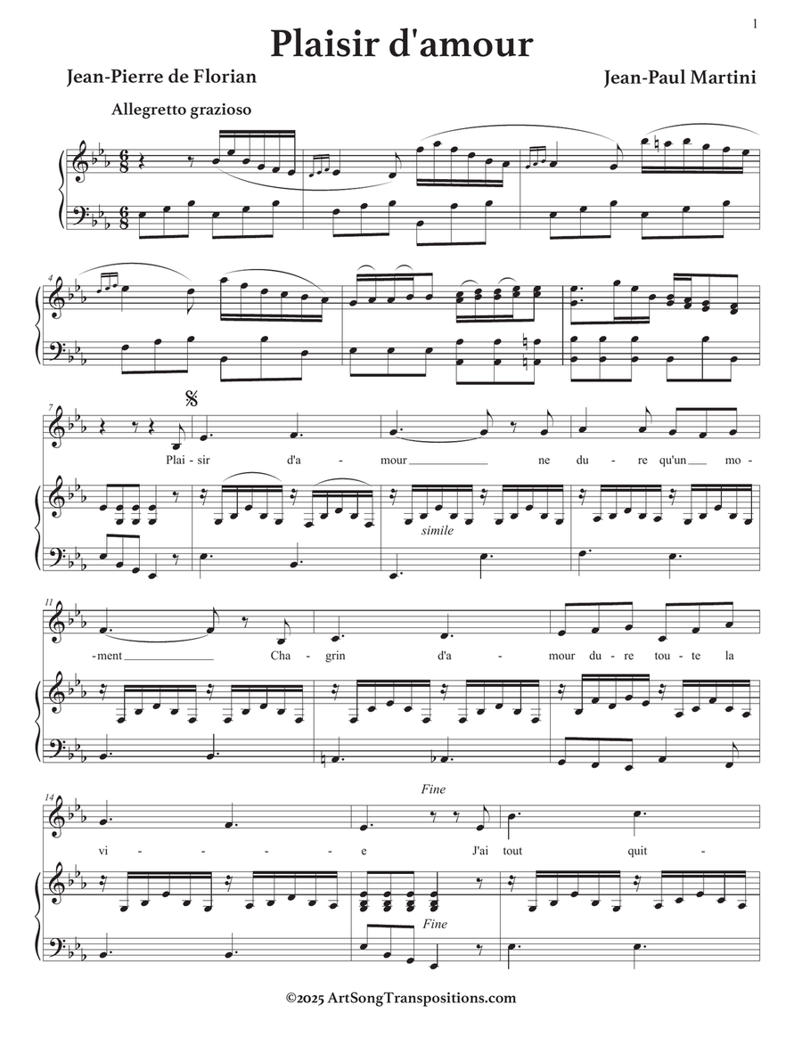MARTINI: Plaisir d'amour (transposed to E-flat major) Piano, Vocal scores gallery preview page 2