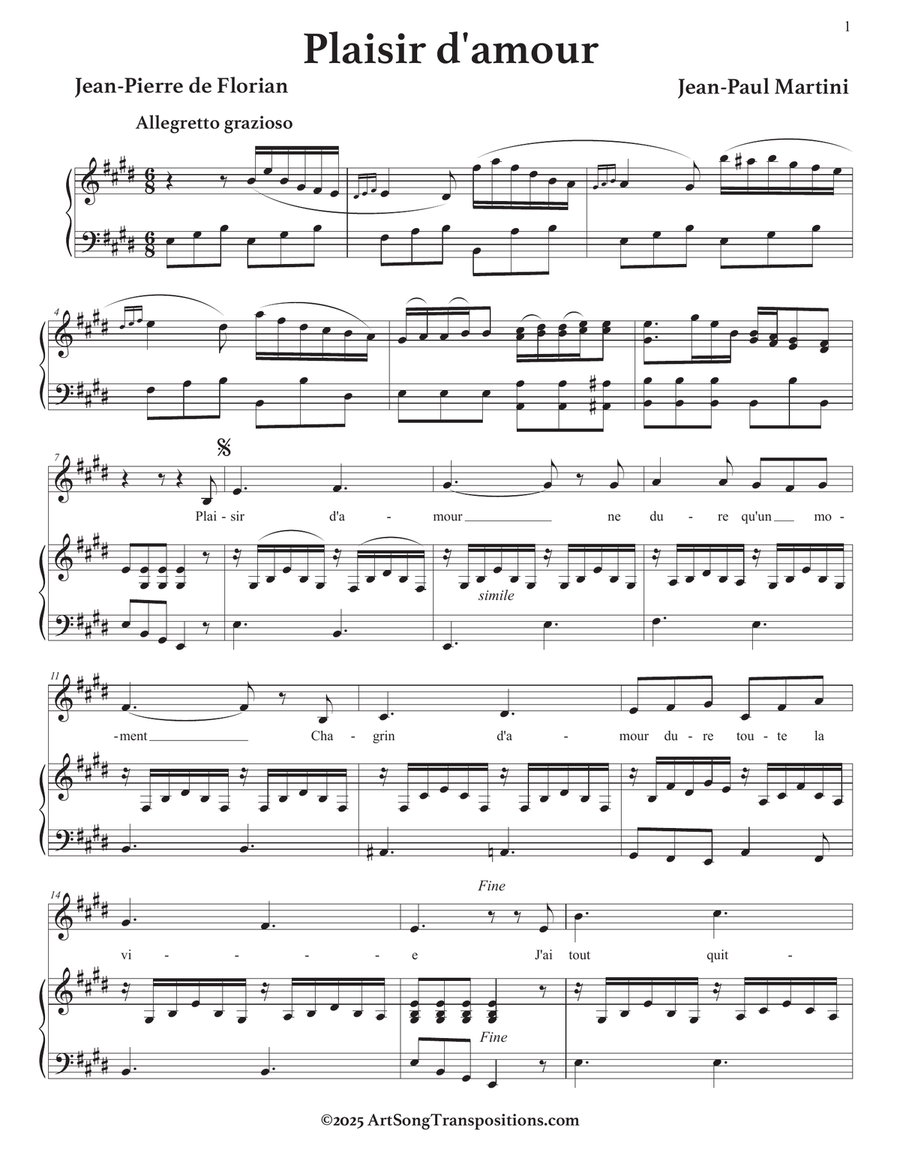 MARTINI: Plaisir d'amour (transposed to E major) Piano, Vocal scores gallery preview page 2