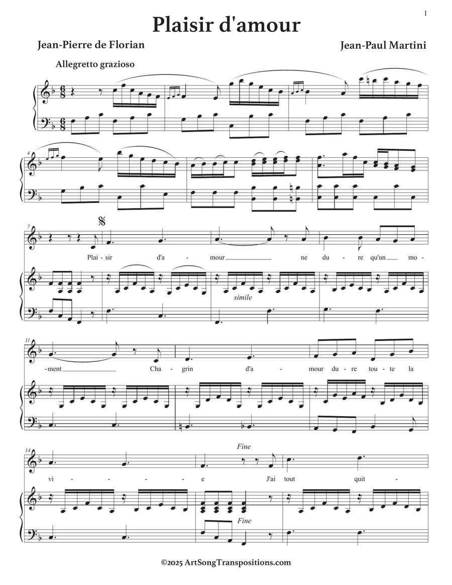 MARTINI: Plaisir d'amour (transposed to F major) Piano, Vocal scores gallery preview page 2