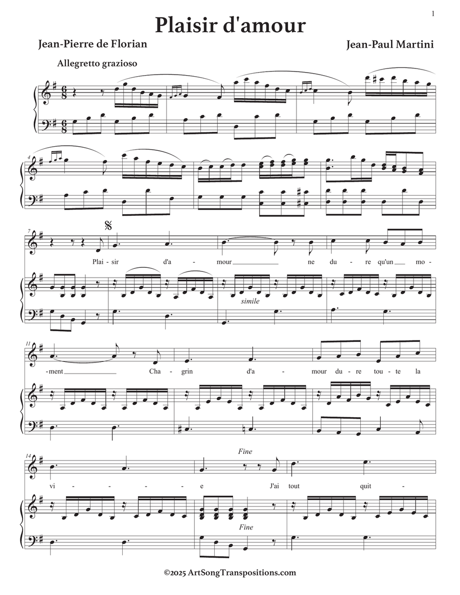 MARTINI: Plaisir d'amour (transposed to G major) Piano, Vocal scores gallery preview page 2